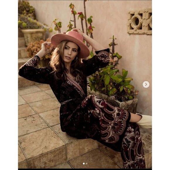 One September Jumpsuit XL Wide Leg Wrap Bodice Embroidered Black Burgundy Resort - Picture 2 of 12